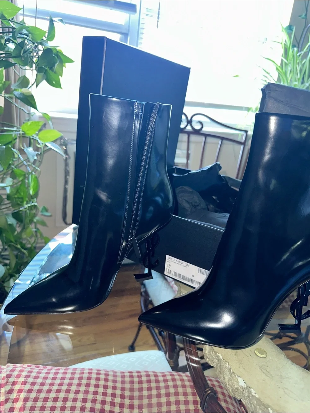 Saint Laurent Opyum Black Patent Leather Boots with YSL Logo Heel | Brand New